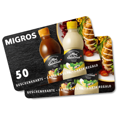 Mini Salatsossä Migros Geschenkkarte zum Einkaufen. Jetzt mitmachen und gewinnen!