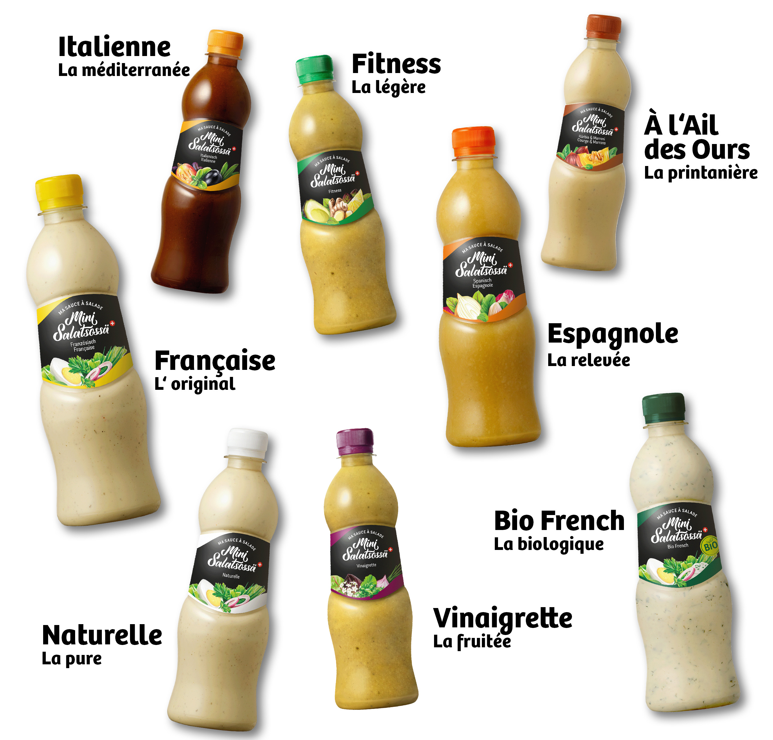 Mini Salatsossä - das gesamte Sortiment der gekühlten Salatsaucen. Neu mit Mini Salatsossä Bio French.