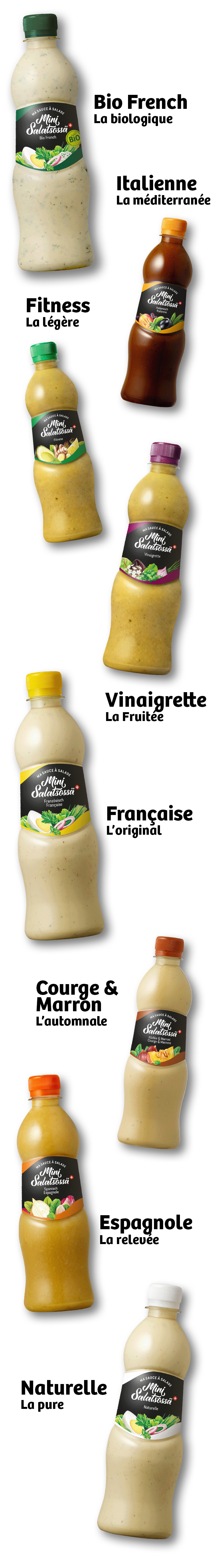 Mini Salatsossä - das gesamte Sortiment der gekühlten Salatsaucen. Neu mit Mini Salatsossä Bio French.