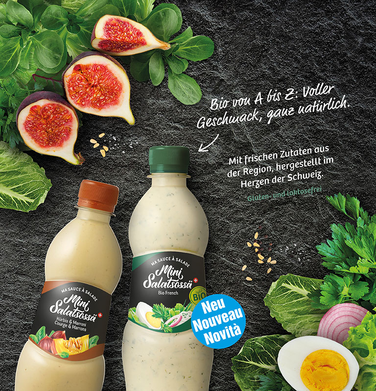 Die Neuheit Mini Salatsossä Bio French, nebenan Kürbis & Marroni.