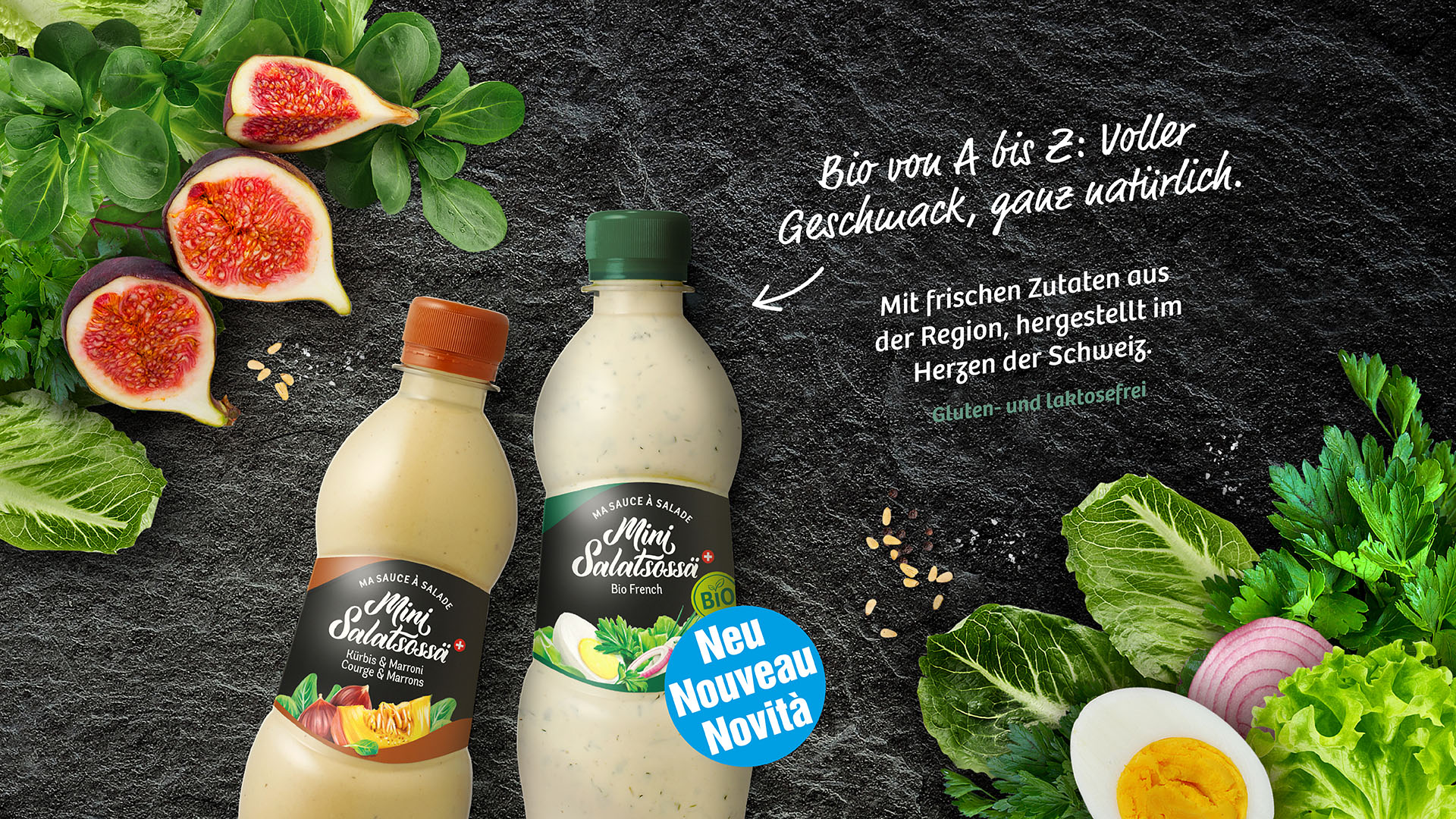 Die Neuheit Mini Salatsossä Bio French, nebenan Kürbis & Marroni.